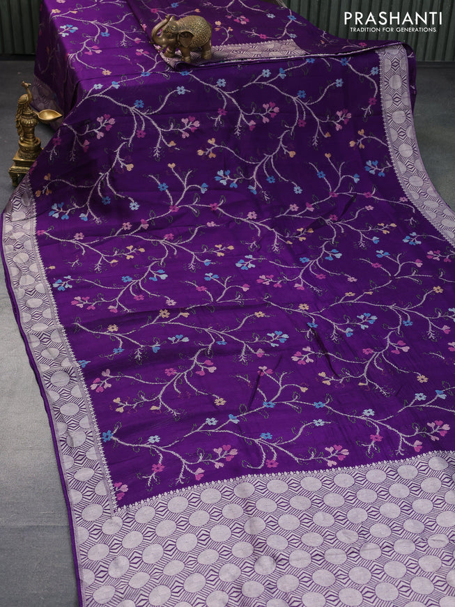 Banarasi raw silk saree violet with allover thread & zari weaves and zari woven border