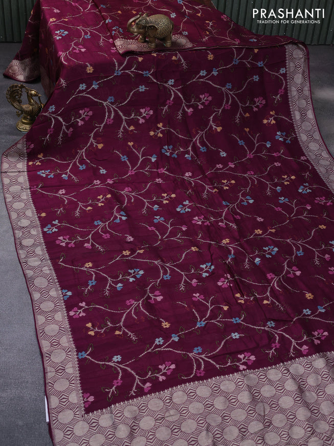 Banarasi raw silk saree wine shade with allover thread & zari weaves and zari woven border