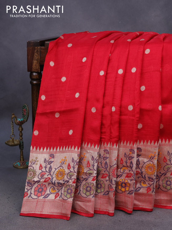 Banarasi raw silk saree red with zari woven buttas and long floral zari woven paithani border