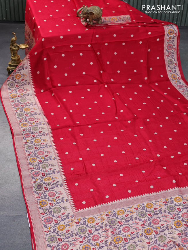 Banarasi raw silk saree red with zari woven buttas and long floral zari woven paithani border