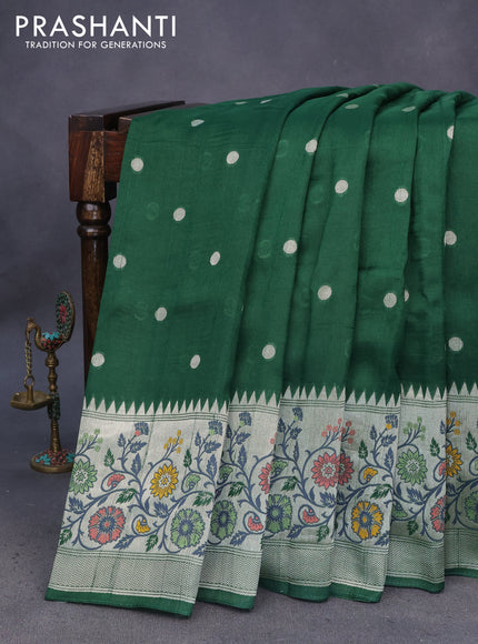 Banarasi raw silk saree green with zari woven buttas and long floral zari woven paithani border