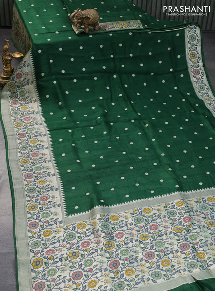 Banarasi raw silk saree green with zari woven buttas and long floral zari woven paithani border