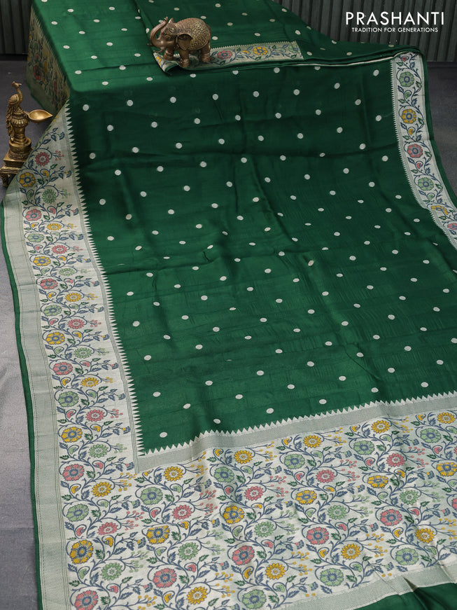 Banarasi raw silk saree green with zari woven buttas and long floral zari woven paithani border