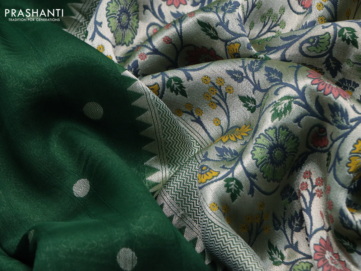 Banarasi raw silk saree green with zari woven buttas and long floral zari woven paithani border