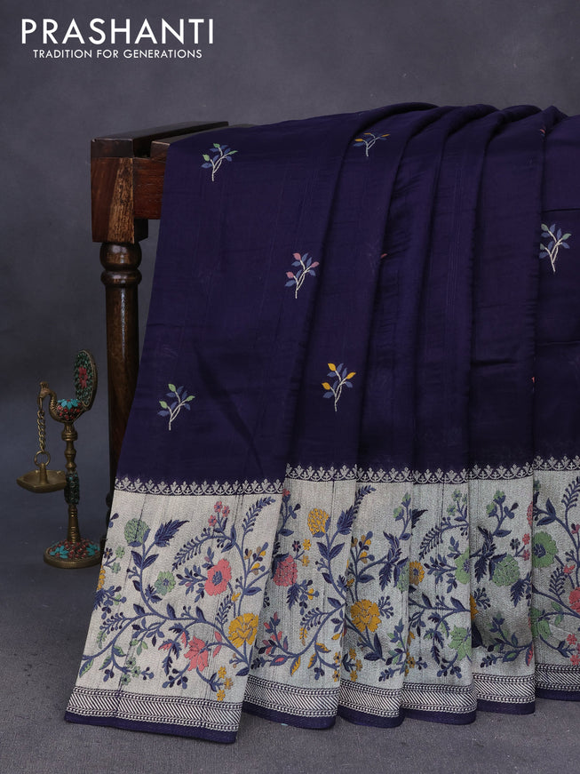 Banarasi raw silk saree dark blue with thread & zari woven floral buttas and long floral zari woven paithani border