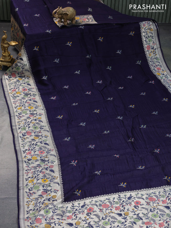 Banarasi raw silk saree dark blue with thread & zari woven floral buttas and long floral zari woven paithani border