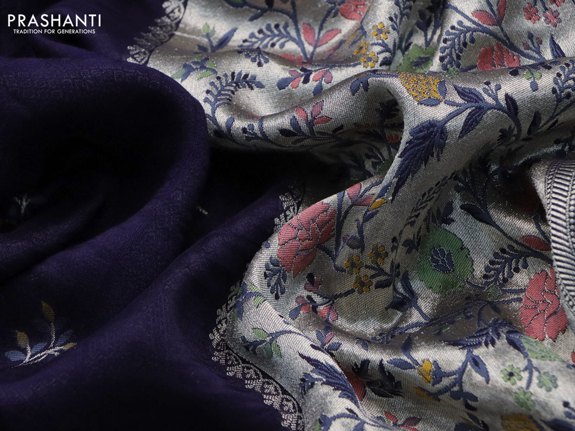 Banarasi raw silk saree dark blue with thread & zari woven floral buttas and long floral zari woven paithani border