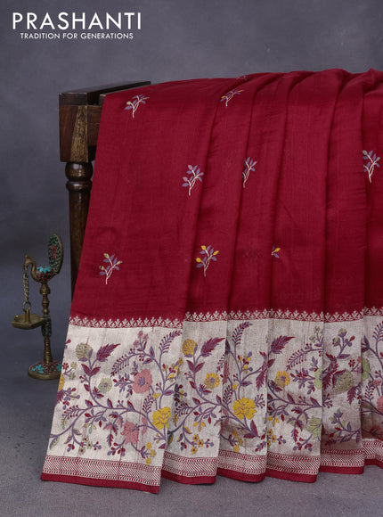 Banarasi raw silk saree red with thread & zari woven floral buttas and long floral zari woven paithani border