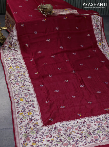 Banarasi raw silk saree red with thread & zari woven floral buttas and long floral zari woven paithani border