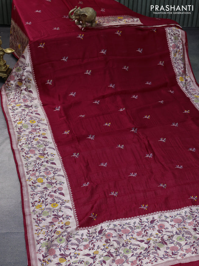 Banarasi raw silk saree red with thread & zari woven floral buttas and long floral zari woven paithani border