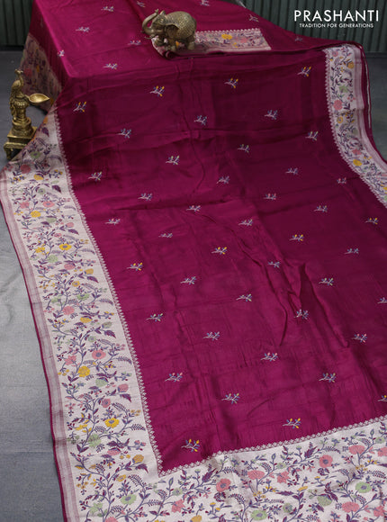 Banarasi raw silk saree dark magenta pink with thread & zari woven floral buttas and long floral zari woven paithani border