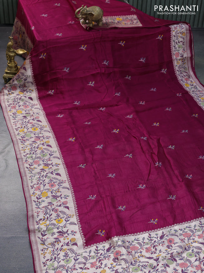 Banarasi raw silk saree dark magenta pink with thread & zari woven floral buttas and long floral zari woven paithani border