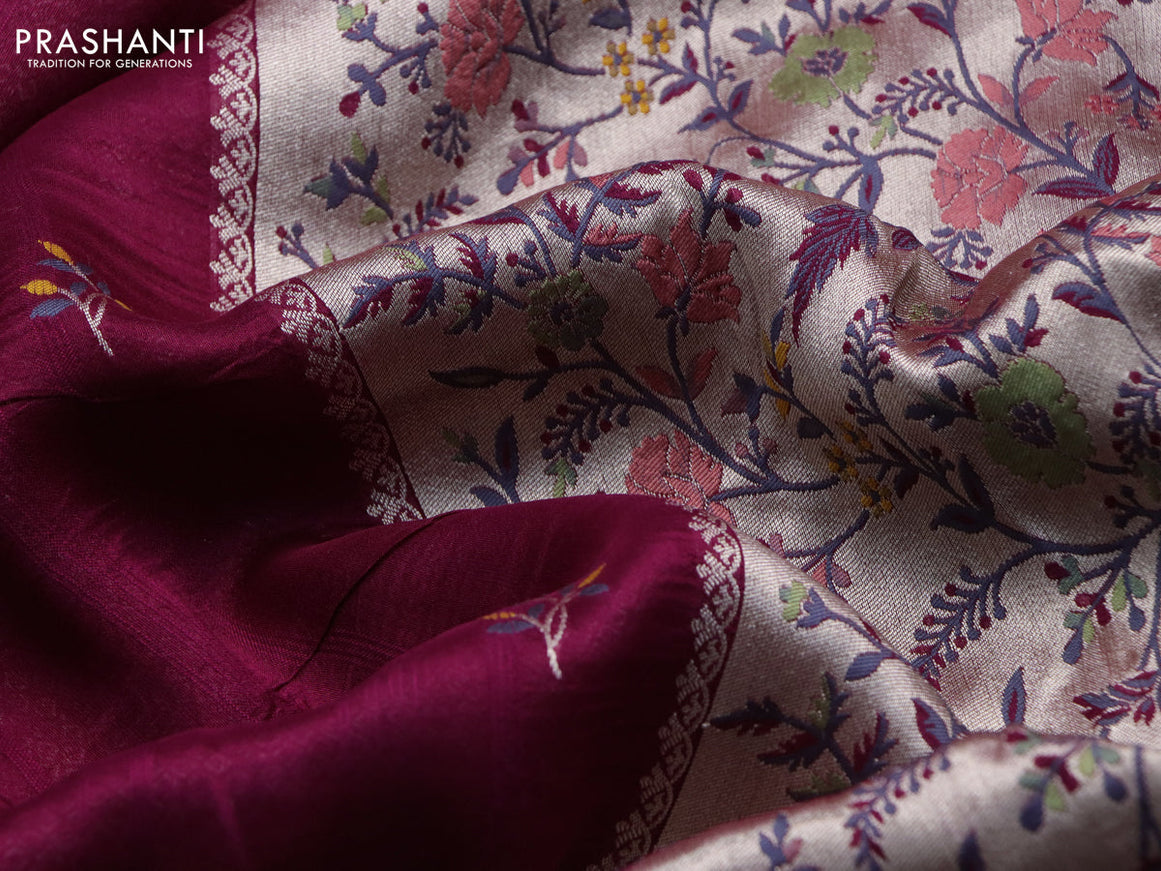 Banarasi raw silk saree dark magenta pink with thread & zari woven floral buttas and long floral zari woven paithani border