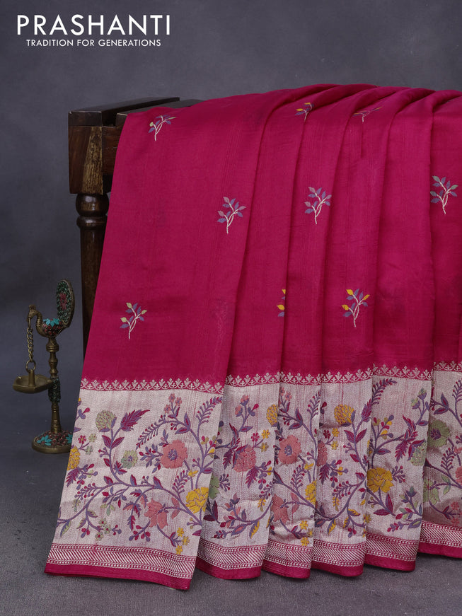 Banarasi raw silk saree pink with thread & zari woven floral buttas and long floral zari woven paithani border