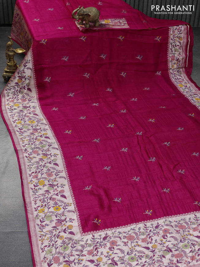 Banarasi raw silk saree pink with thread & zari woven floral buttas and long floral zari woven paithani border