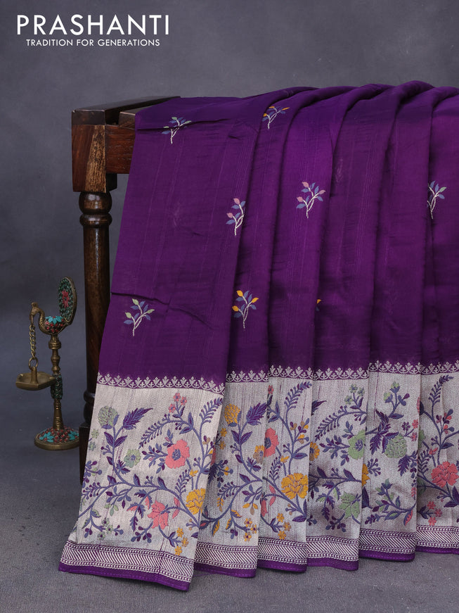 Banarasi raw silk saree violet with thread & zari woven floral buttas and long floral zari woven paithani border