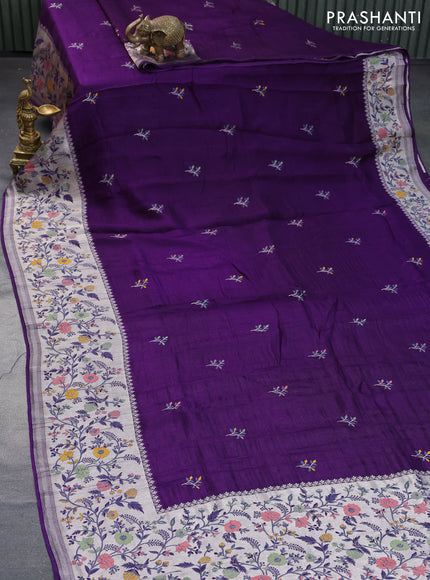 Banarasi raw silk saree violet with thread & zari woven floral buttas and long floral zari woven paithani border