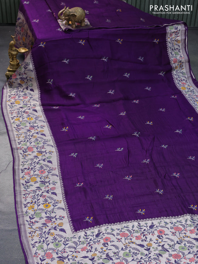 Banarasi raw silk saree violet with thread & zari woven floral buttas and long floral zari woven paithani border