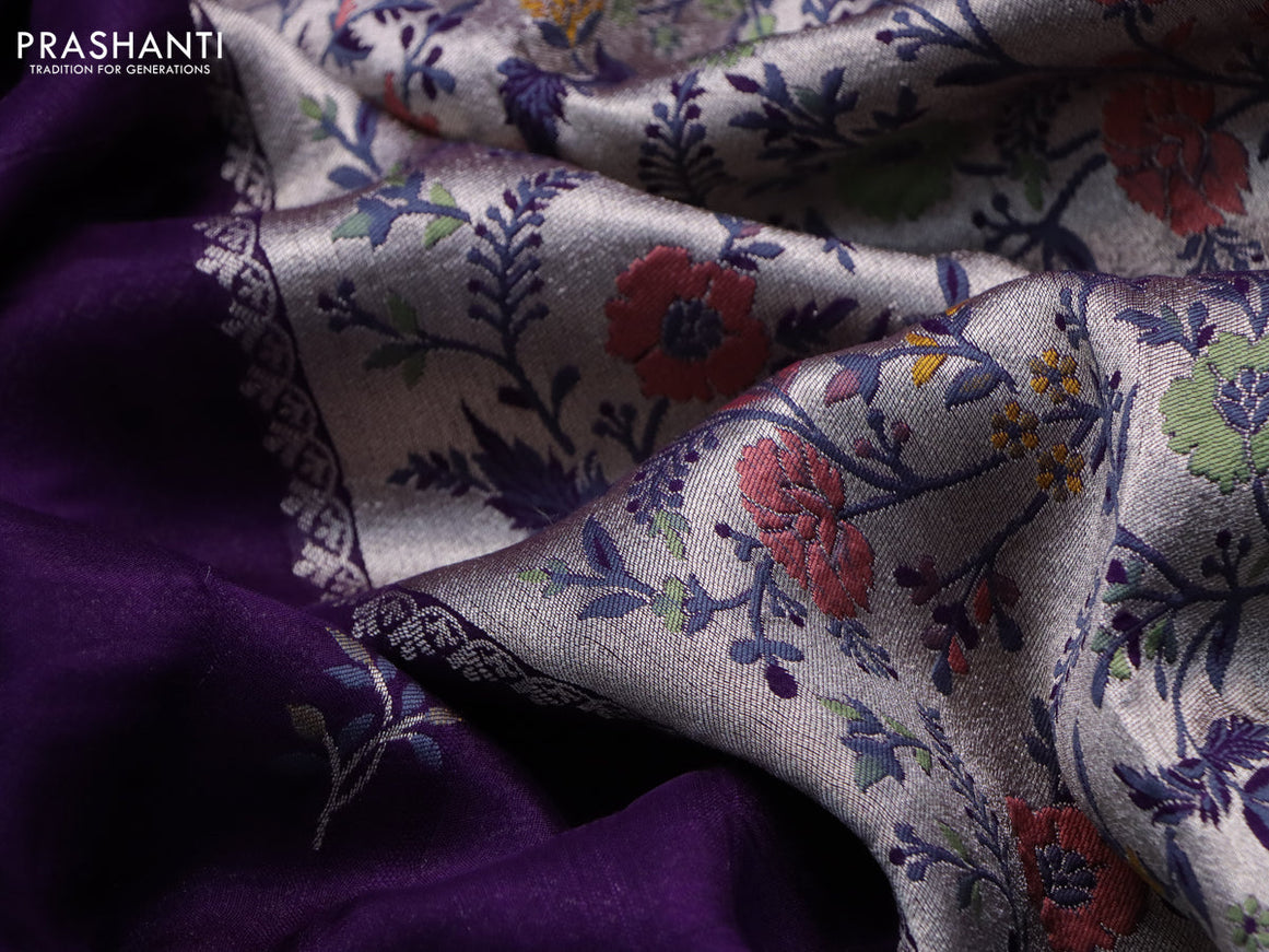 Banarasi raw silk saree violet with thread & zari woven floral buttas and long floral zari woven paithani border