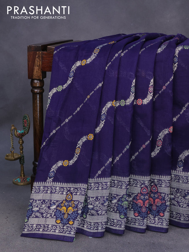 Banarasi raw silk saree dark blue with allover thread & zari weaves and woven border