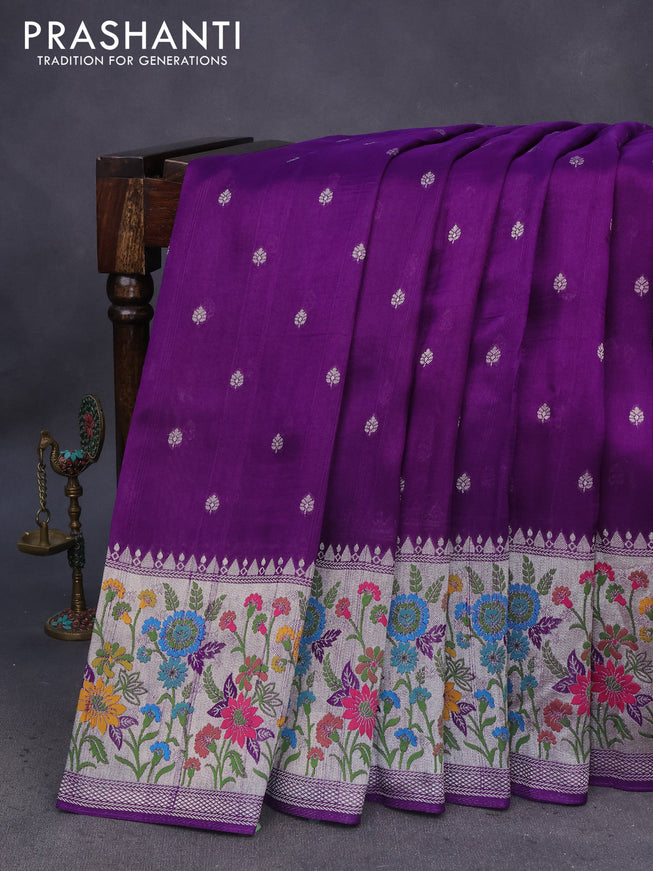 Banarasi raw silk saree violet with zari woven buttas and zari woven floral zari woven paithani border