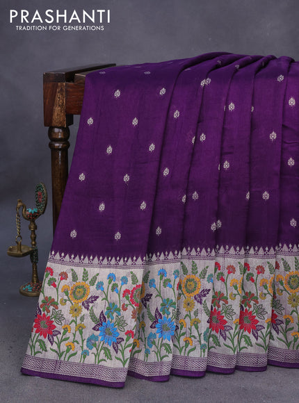 Banarasi raw silk saree deep violet with zari woven buttas and zari woven floral zari woven paithani border