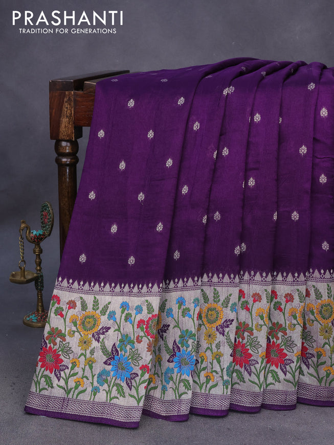 Banarasi raw silk saree deep violet with zari woven buttas and zari woven floral zari woven paithani border