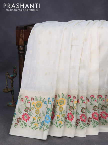 Banarasi raw silk saree cream with zari woven buttas and zari woven floral zari woven paithani border