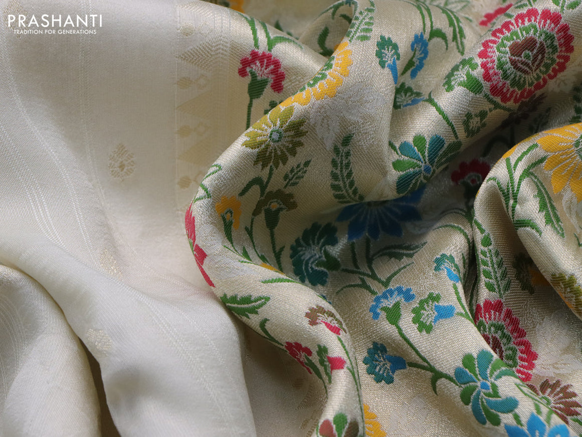 Banarasi raw silk saree cream with zari woven buttas and zari woven floral zari woven paithani border