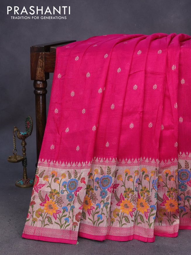 Banarasi raw silk saree pink with zari woven buttas and zari woven floral zari woven paithani border