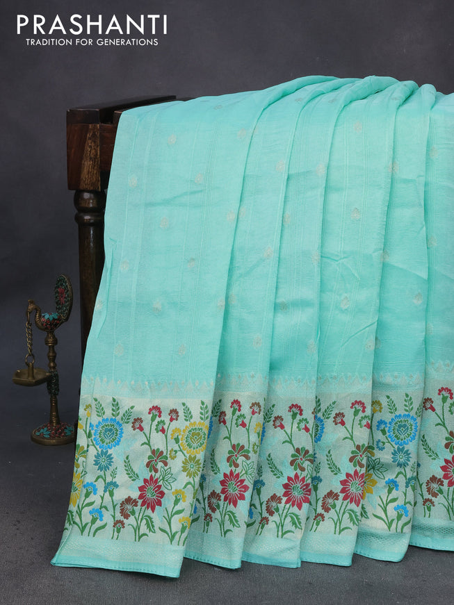 Banarasi raw silk saree teal blue with zari woven buttas and zari woven floral zari woven paithani border