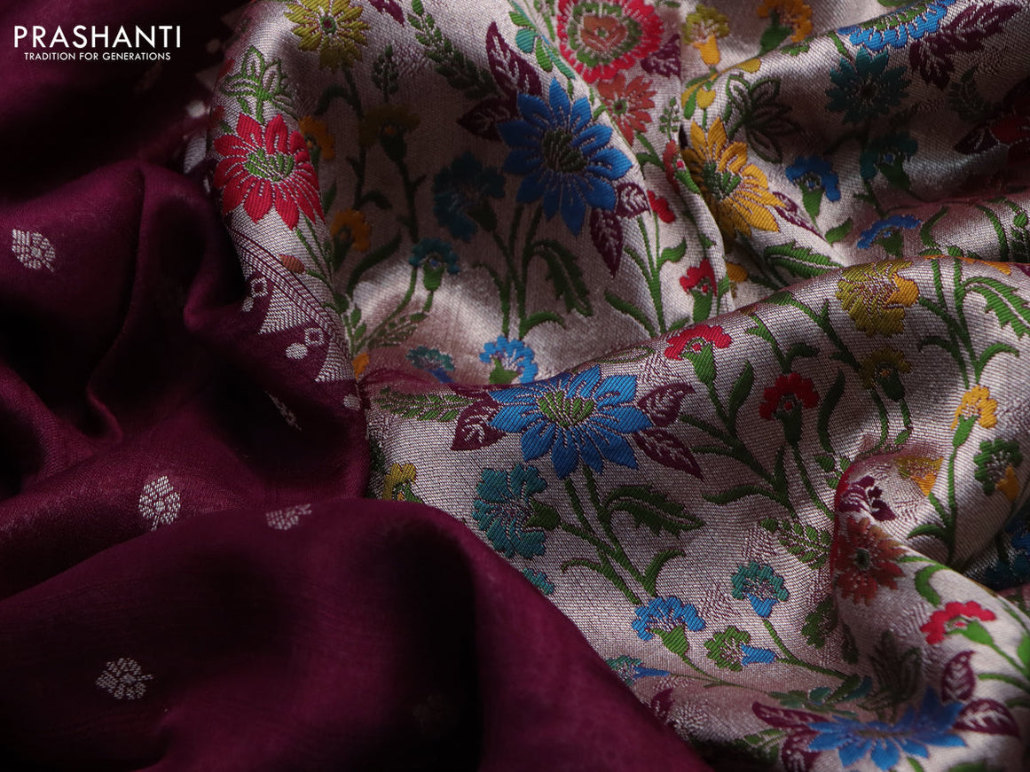 Banarasi raw silk saree wine shade with zari woven buttas and zari woven floral zari woven paithani border