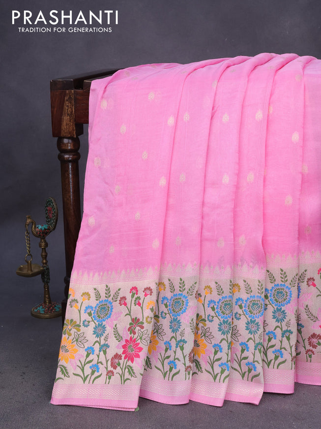 Banarasi raw silk saree light pink with zari woven buttas and zari woven floral zari woven paithani border