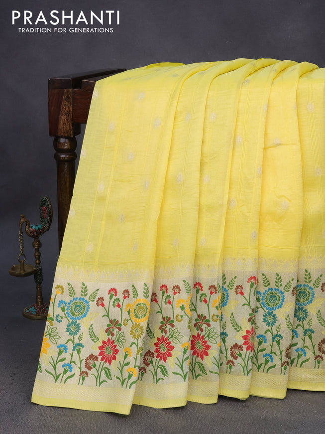 Banarasi raw silk saree lime yellow with zari woven buttas and zari woven floral zari woven paithani border