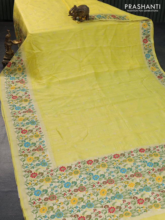 Banarasi raw silk saree lime yellow with zari woven buttas and zari woven floral zari woven paithani border