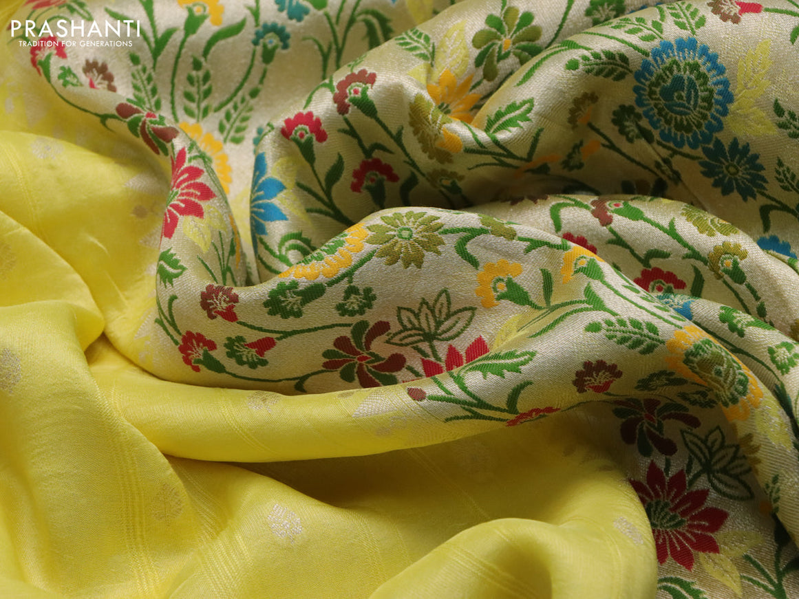 Banarasi raw silk saree lime yellow with zari woven buttas and zari woven floral zari woven paithani border