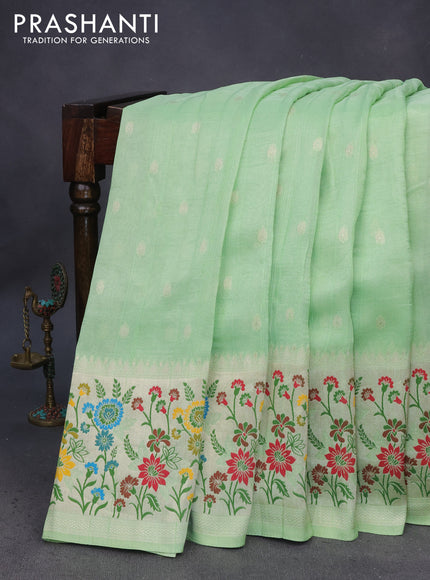 Banarasi raw silk saree pista green with zari woven buttas and zari woven floral zari woven paithani border