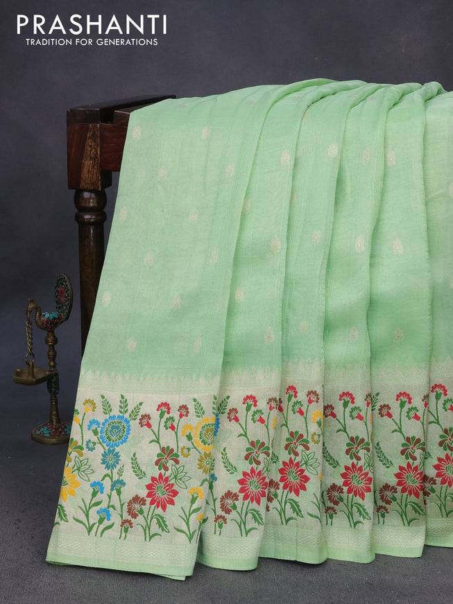 Banarasi raw silk saree pista green with zari woven buttas and zari woven floral zari woven paithani border