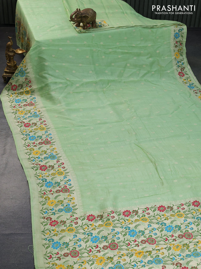 Banarasi raw silk saree pista green with zari woven buttas and zari woven floral zari woven paithani border