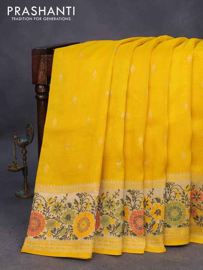 Banarasi raw silk saree mango yellow with zari woven buttas and zari woven floral zari woven paithani border