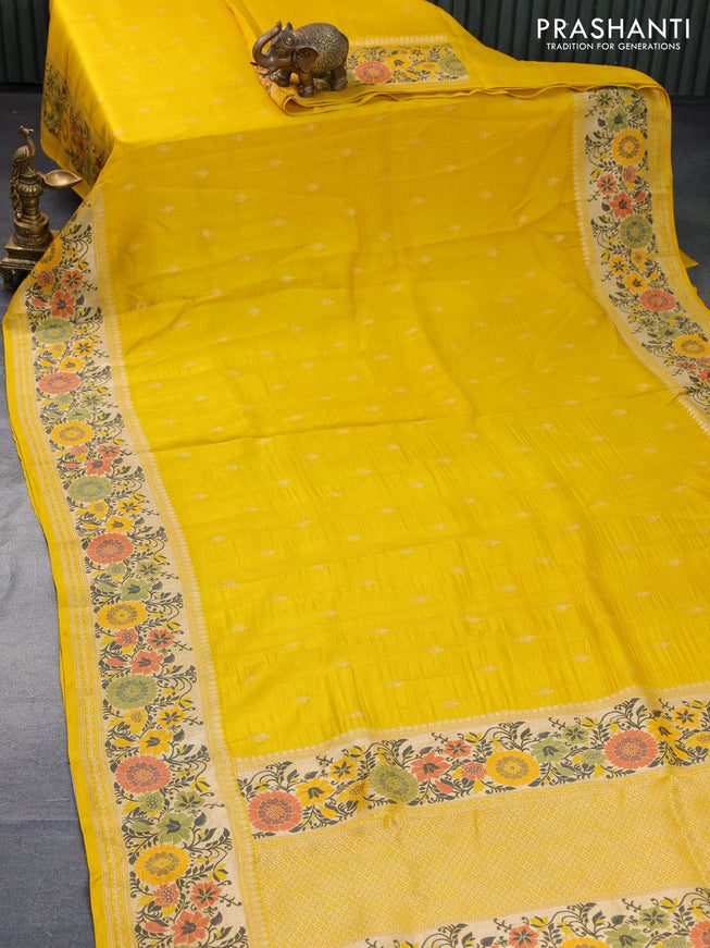 Banarasi raw silk saree mango yellow with zari woven buttas and zari woven floral zari woven paithani border