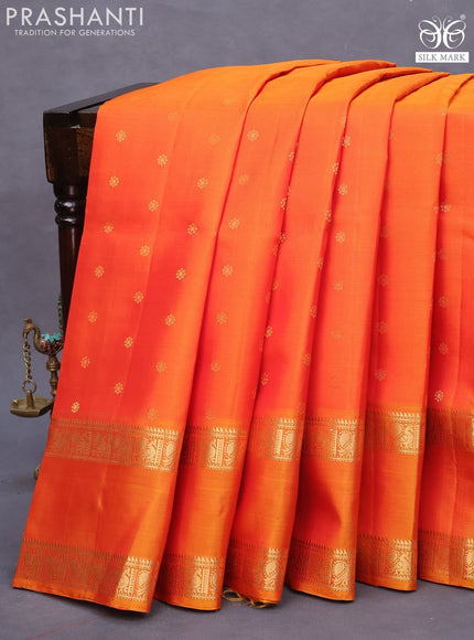 Pure soft silk saree dual shade of orange and mustard yellow with allover zari woven buttas and rettapet zari woven border