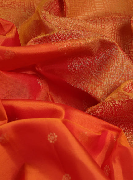 Pure soft silk saree dual shade of orange and mustard yellow with allover zari woven buttas and rettapet zari woven border