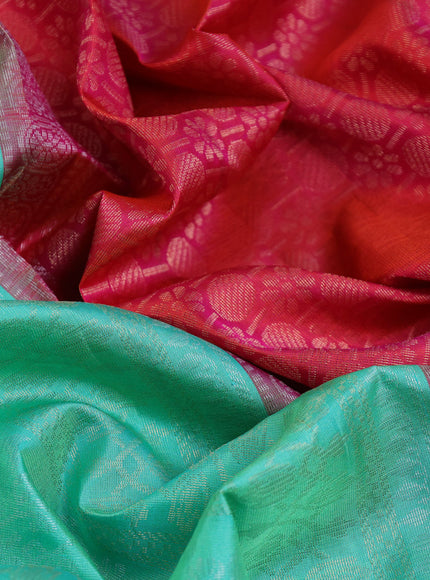 Pure soft silk saree teal green shade and dual shade of pinkish orange with allover silver & gold zari weaves and long zari woven border