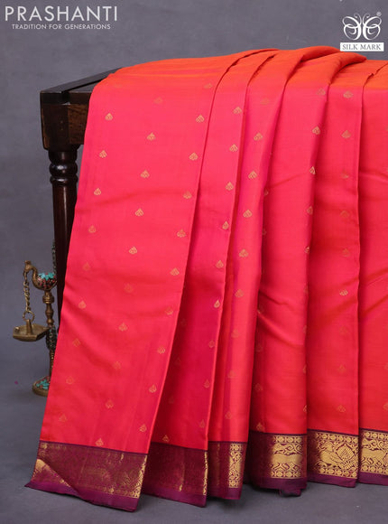 Pure soft silk saree dual shade of pinkish orange and dark magenta with allover zari woven butta weaves and zari woven border