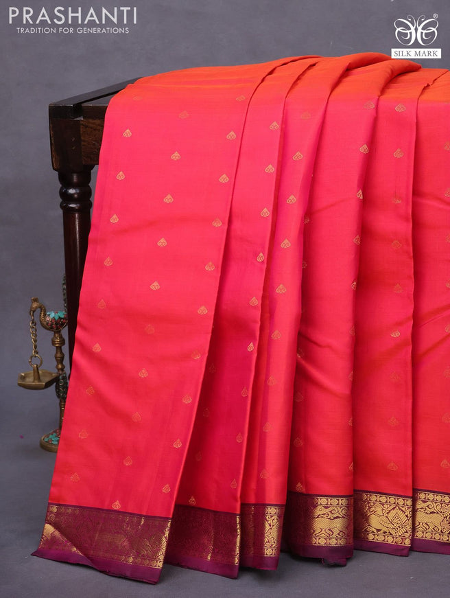 Pure soft silk saree dual shade of pinkish orange and dark magenta with allover zari woven butta weaves and zari woven border