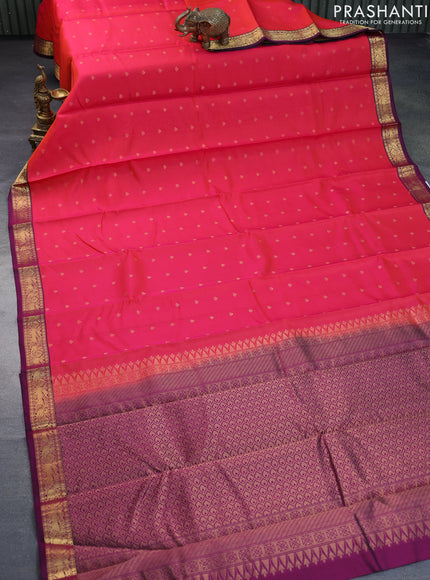 Pure soft silk saree dual shade of pinkish orange and dark magenta with allover zari woven butta weaves and zari woven border