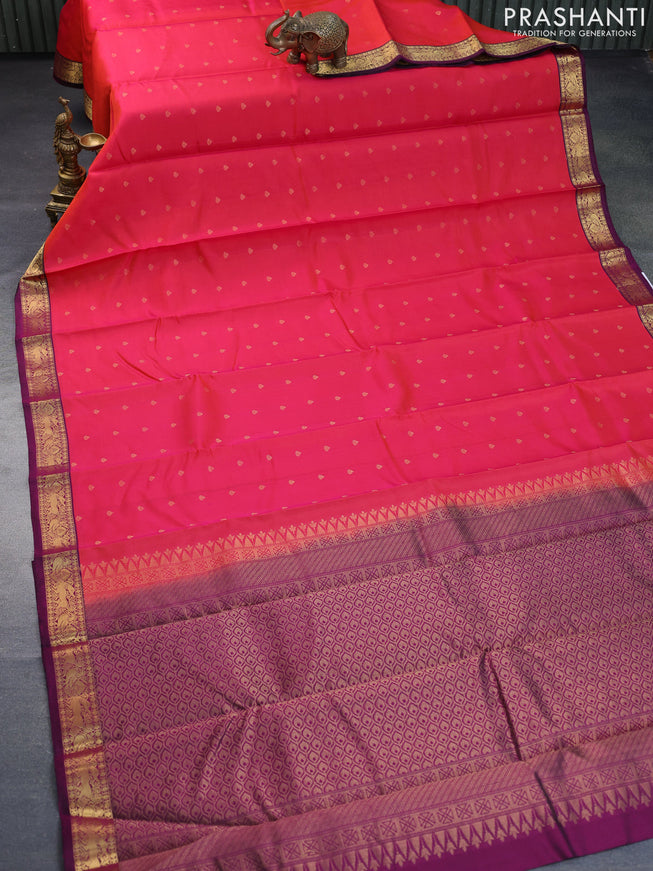 Pure soft silk saree dual shade of pinkish orange and dark magenta with allover zari woven butta weaves and zari woven border