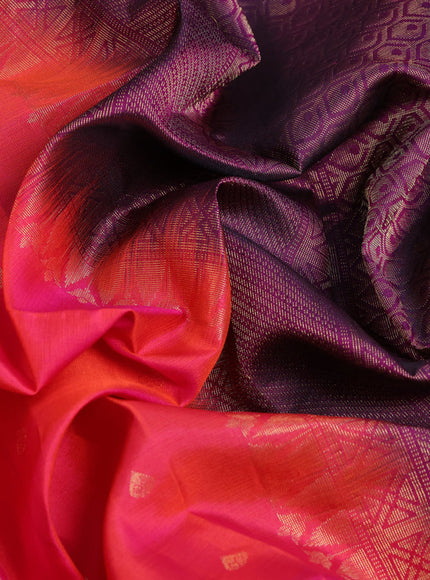 Pure soft silk saree dual shade of pinkish orange and dark magenta with allover zari woven butta weaves and zari woven border