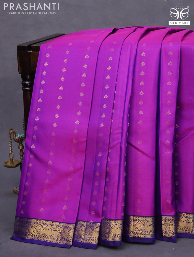 Pure soft silk saree purple and blue with allover zari woven butta weaves and zari woven border